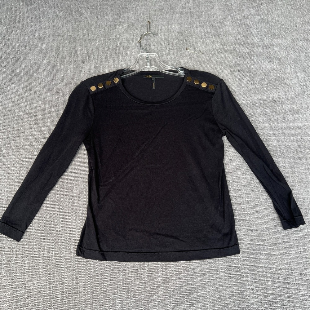 Maje Blouse Top Womens 1 Black Gold Shoulder Buttons Long Sleeve Casual Chic